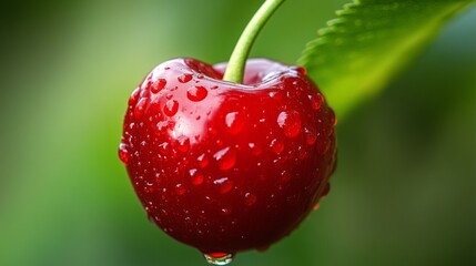 Ripe cherry with glossy red skin and water droplets, green stem, isolated on blurred background. Freshness and natural beauty in focus.