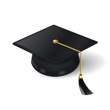 Graduation cap vector illustration isolated on white background. Grad icon hat design for graduation ceremony invitation, party, high school or college yearbook. Realistic academic cap on white