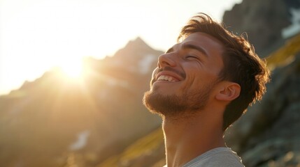 Man's joyful expression, soft backlighting, minimal mountain backdrop, conveying pure happiness and serenity.