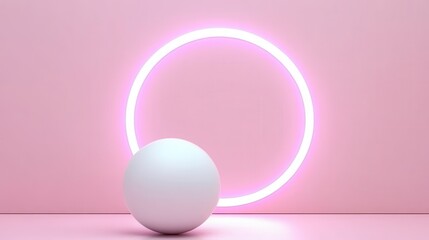 Obraz premium White sphere and pink neon circle on pink background. Minimalist product display scene. Simple geometric shapes. Soft lighting.