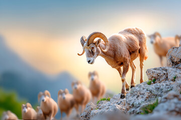 Bighorn sheep on rocky mountain slope at sunrise, wildlife