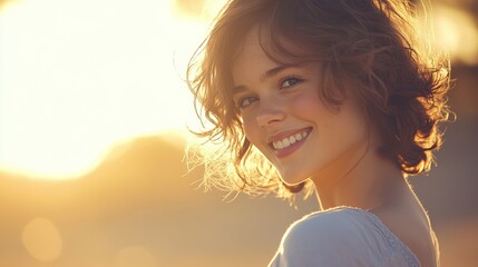 Young woman smiling warmly, casual style, soft light, white background. Radiant simplicity and genuine joy.
