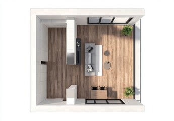 Top down view of a modern apartment floor plan featuring hardwood floors, a living area with a sofa and coffee table, and a kitchen area. Natural light streams in through large windows.