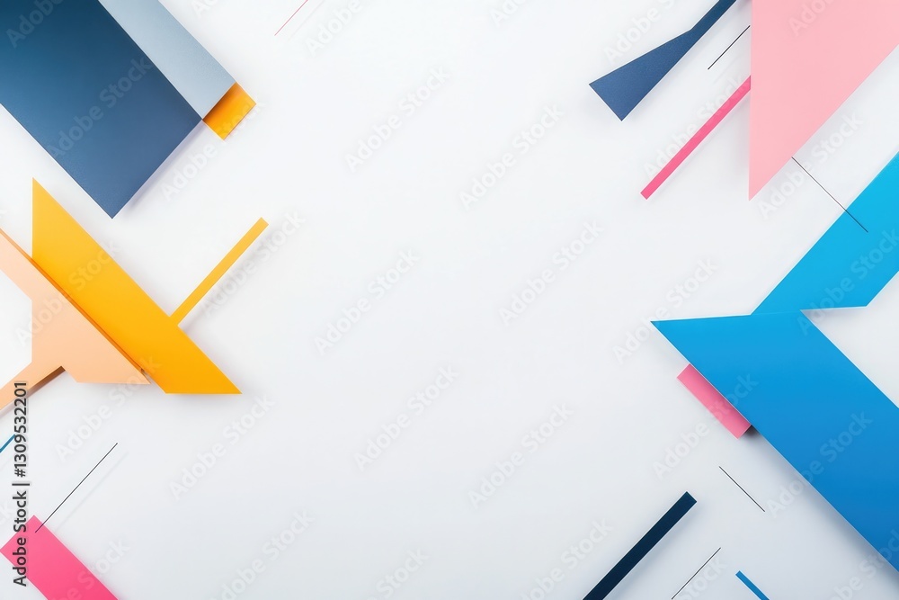 Poster vibrant intersecting geometric shapes on white background creating sense of depth and movement with 