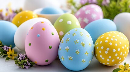 Pastel Easter Eggs With Floral Decorations And Spring Flowers Displayed On A White Backgrounds