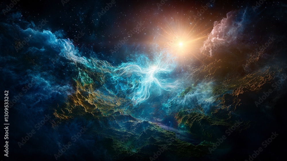 Poster harnessing prana in the cosmic void ethereal celestial being in wide angle digital art of energy man
