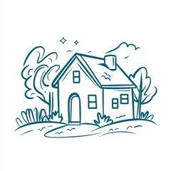 Fototapeta premium Blue Line Drawing of a House in a Peaceful Landscape