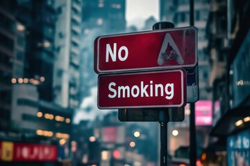 Urban No Smoking Sign Against Blurred Cityscape Background
