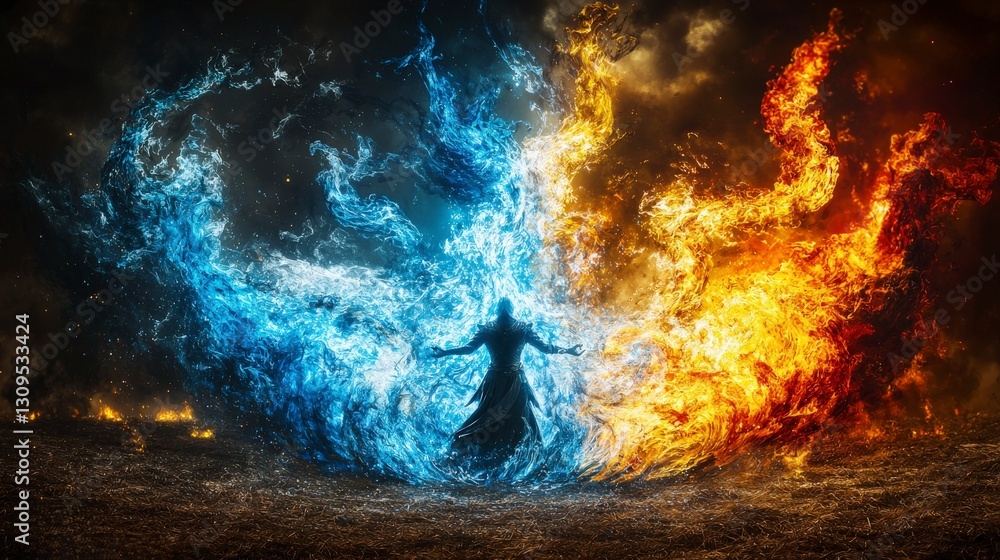 Poster celestial warrior commanding elemental forces vast open field digital art dramatic environment low a