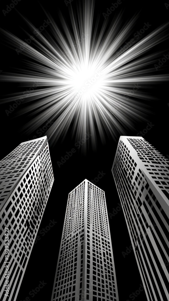 Poster low angle view of three skyscrapers reaching towards a bright, starburst like light source in a dark