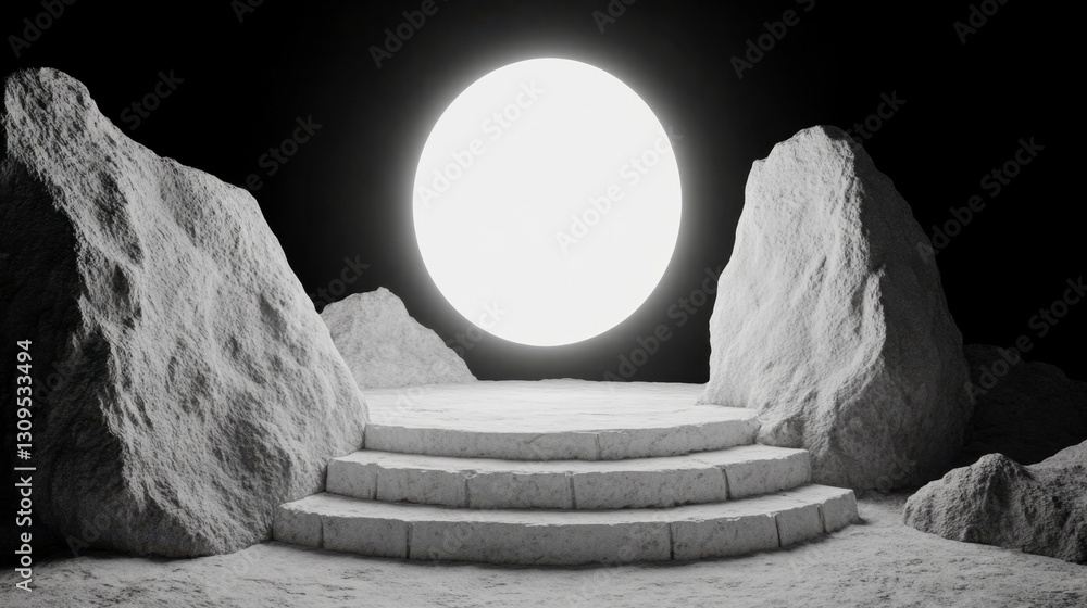 Poster monochromatic grayscale image of a stone staircase leading to a large illuminated circle between two