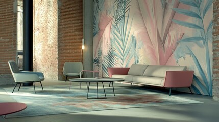 Modern living room interior, neutral tones, tropical wallpaper