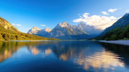 Serene mountain lake reflecting majestic peaks under a vibrant blue sky.