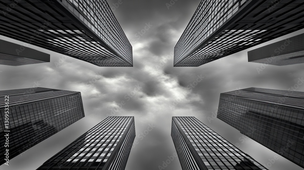 Poster low angle view of skyscrapers reaching towards an overcast sky, monochrome palette creating a dramat