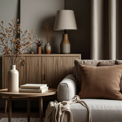 cozy living room interior with beige sofa wooden cabinet and dried flowers