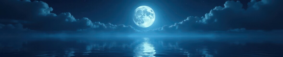 Bright moonbeam stretches far across still, dark water, black, mystical, seascape
