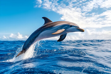 Obraz premium Dolphin leaping gracefully in clear blue ocean waves under bright sky