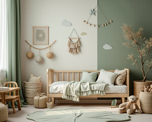 serene nursery with a light and airy atmosphere features a wooden cot a knitted blanket and natural fiber accessories.