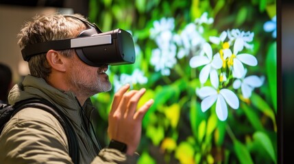 Man Exploring Virtual Reality Nature Scene