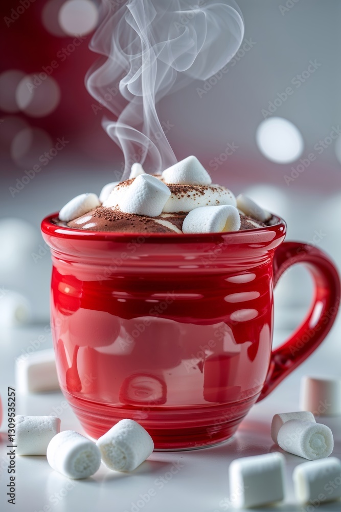 Poster steaming red cup of hot cocoa topped with marshmallows in a cozy winter setting