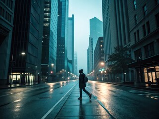 Person walking in a city street during rainy weather at night