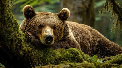 Obraz premium Brown bear resting near a moss-covered tree soft natural lighting dappled shadows creating moody depth 