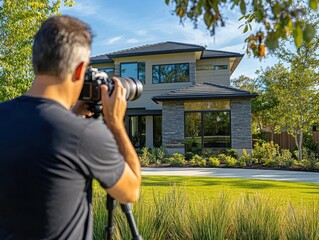 Photographer with camera taking photo of modern house