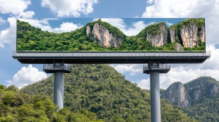 Fototapeta premium Large billboard displaying a scenic landscape of lush green hills and rocky outcrops under a bright blue sky, set against a backdrop of similar natural surroundings.