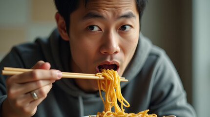 Asian young man eating noodles with chopsticks, selective focus