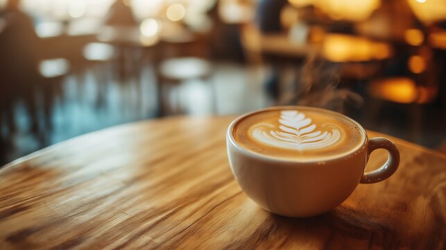 Steaming latte on a wooden table, soft bokeh background, cozy cafe ambiance. Warmth and comfort in every sip