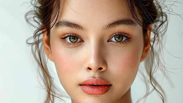close up multi racial woman face, she gently touch her face, with bright flawless skin, beauty cosmetic or skincare fashion portrait with copy space