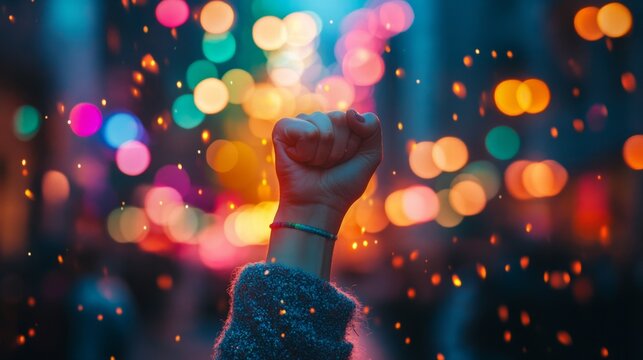 A woman's fist surrounded by glowing rainbow lights, representing the power of unity, love, and human rights during Pride Day - Powered by Adobe