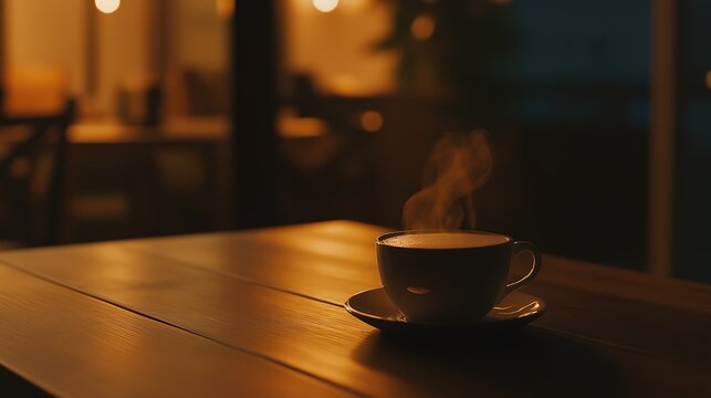 Steaming latte on a wooden table, soft bokeh background, cozy cafe ambiance. Warmth and comfort in every sip