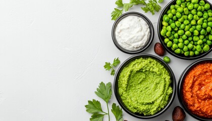 Obraz premium Elevate your healthy snacking with this vibrant veggie platter, showcasing fresh green peas alongside creamy hummus and an array of colorful dips A visually appealing and nutritious spread perfect