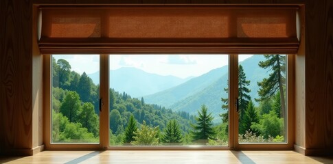 Deep brown roman blind against panoramic forest and mountain vista , interior, apartment, view
