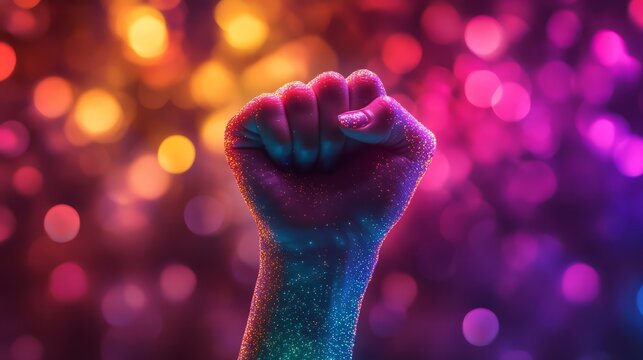 A woman's fist surrounded by glowing rainbow lights, representing the power of unity, love, and human rights during Pride Day - Powered by Adobe