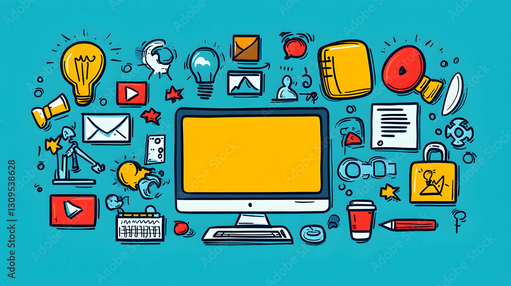 Aufkleber vibrant digital icons and symbols representing various office and work related equipment technology 