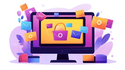 Vibrant digital workspace showcasing a variety of modern office technology and connectivity tools including a computer monitor digital devices and various software and application icons