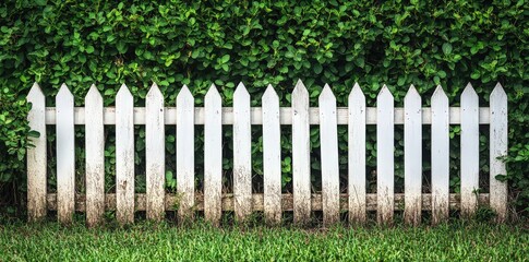 A white picket fence stands against a lush green hedge, blending rustic charm with natural greenery in a serene outdoor setting.