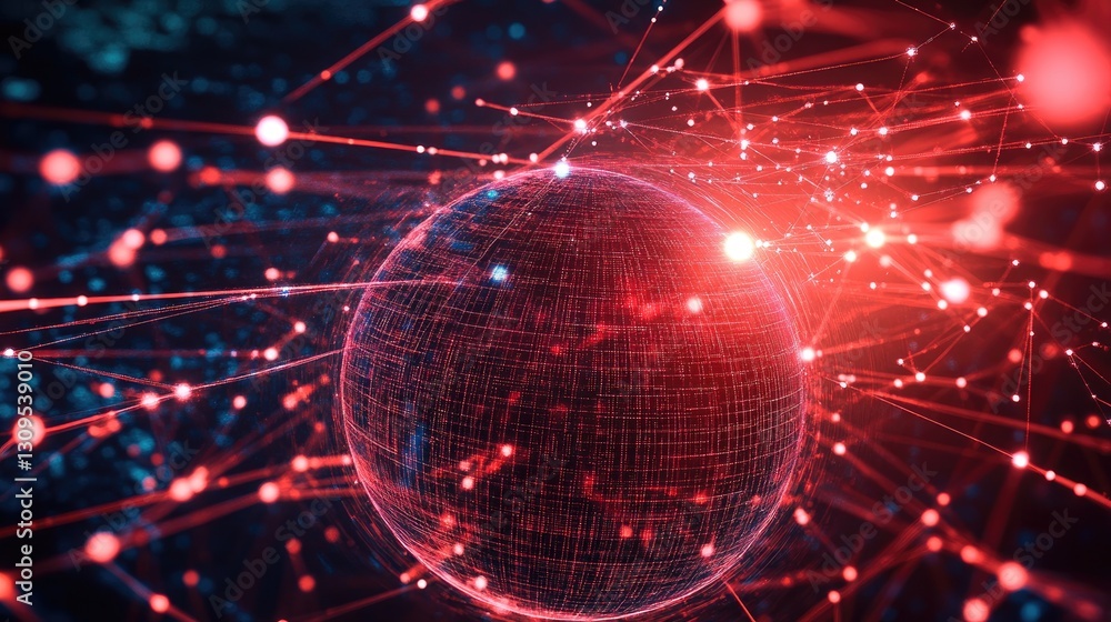 Poster global digital communication with glowing data streams.