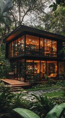 Naklejka premium Modern glass house in lush forest.