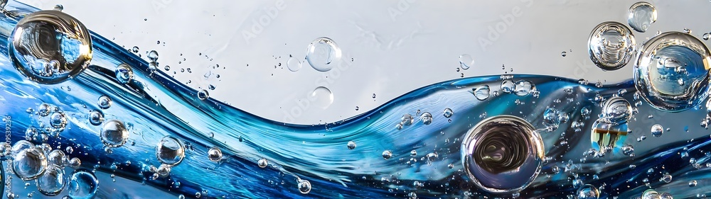 Poster Vibrant Liquid Dynamics and Cascading Water Flows with Abstract Bubble Formations  Captivating abstract image showcasing the movement transparency and energy of water in an ethereal