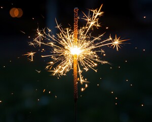 Glowing sparkler at night with bright sparks.