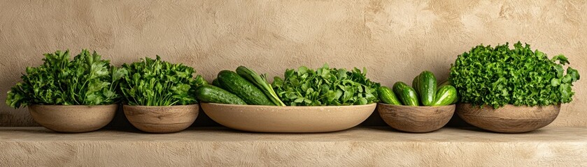 Discover the vibrant flavors of nature with our captivating image of a Rustic display of freshly cut herbs and leafy vegetables on a natural backdrop This stunning composition features an assortment