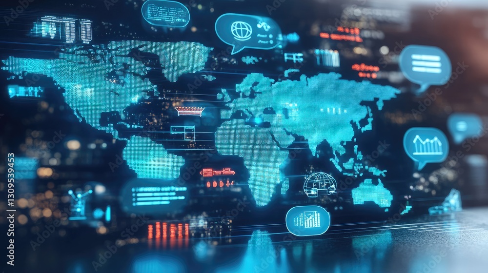 Poster global map with digital language icons and speech bubbles symbolizing cross-cultural dialogue.
