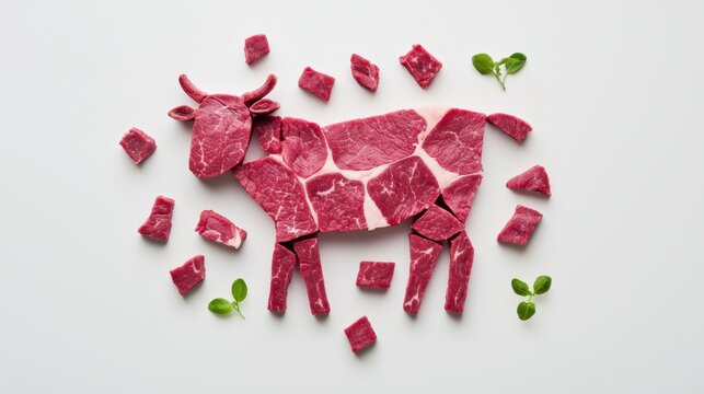 Abstract meat industry concept: a cow-shaped figure crafted from diced beef pieces, emphasizing farm-to-table processing.