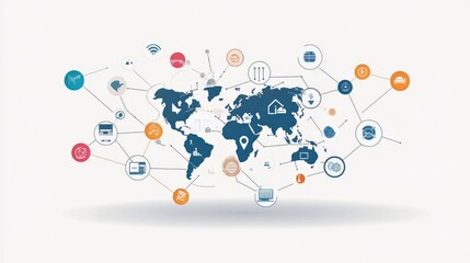 Global network concept with interconnected communication icons representing cross-cultural exchange.