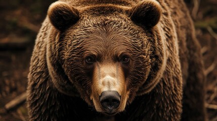 Fototapeta premium Close-up of a brown bear in a deep forest intense gaze warm earthy tones rich textures cinematic composition 