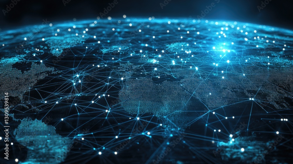 Poster global social media network map with glowing nodes and digital data flow.
