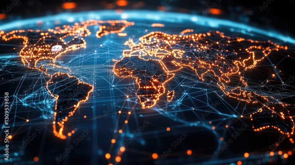 Poster global social media network map with glowing nodes and digital data flow.